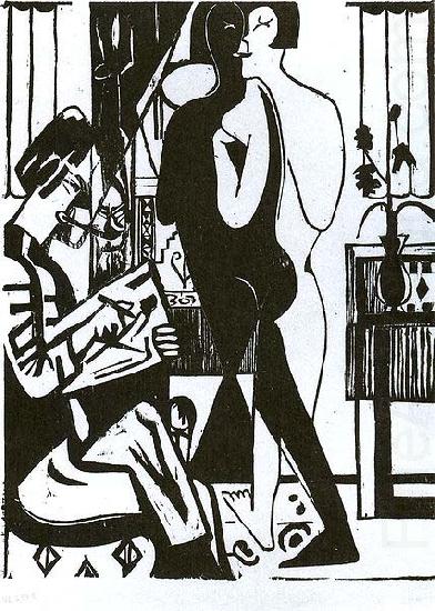 Painter and modell - woodcut, Ernst Ludwig Kirchner